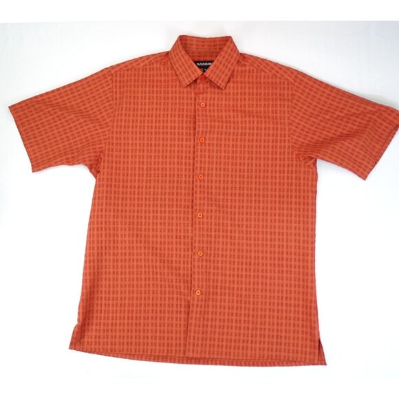 FLAW** Bassiri Short Sleeve Button up Shirt Men's Size M Orange Checker Textured - Picture 1 of 7